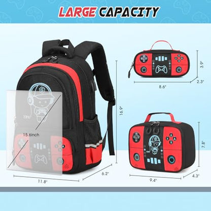 Bevalsa Backpack for School Boys, Cool Luminous Gamer Boys Schoolbag with Lunch Box & Pencil Case Set for Kids Teens Elementary Middle School, Bookbag Glow In The Dark(Red Backpack) - color: Red, style: Backpack
