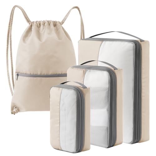 4 Set Compression Packing Cubes for Travel, Bonus Versatile Drawstring Backpack, Lightweight Luggage Organizer Bags, Sturdy Travel Accessories for Suitcase, Beige - color: Beige, size: 4 Set