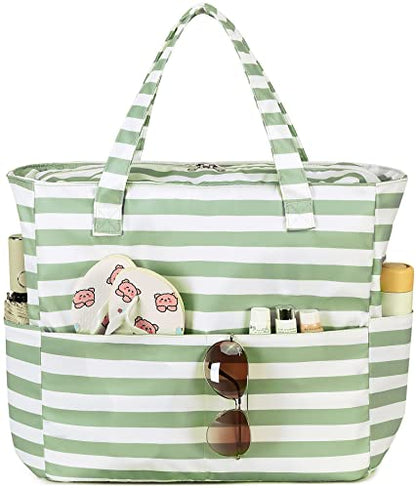 LEDAOU Beach Bag Waterproof Sandproof Women Beach Tote Pool Bag with Zipper for Swim Gym Grocery Travel with Wet Pocket | Sandproof - color: Green White Stripes