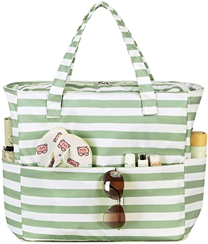 LEDAOU Beach Bag Waterproof Sandproof Women Beach Tote Pool Bag with Zipper for Swim Gym Grocery Travel with Wet Pocket | Sandproof - color: Green White Stripes