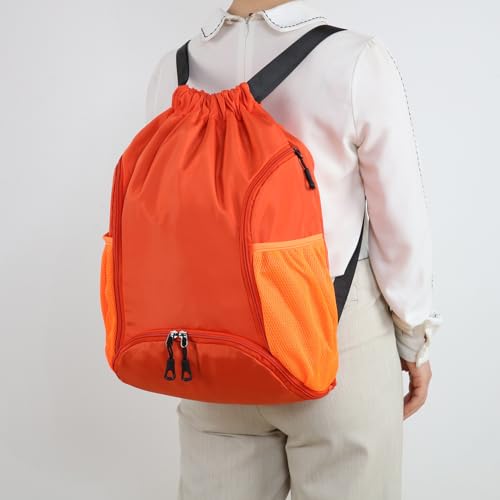 Valleycomfy Sports Gym Bag Drawstring Backpack with Shoes Basketball Bag and Two Water Bottle Holder,Orange - color: Orange