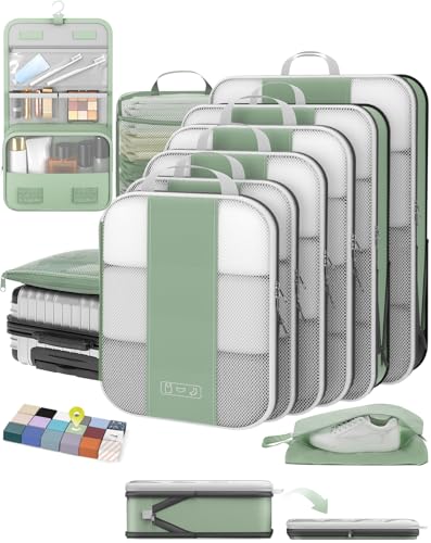 OlarHike 10-Pack Compression Packing Cubes for Travel Essentials,Compressible Expandable Packing Cubes for Suitcase,Luggage Garment Bags for Travel,Handy Helper for Organizing Clothes(Matcha Green) - color: Matcha Green