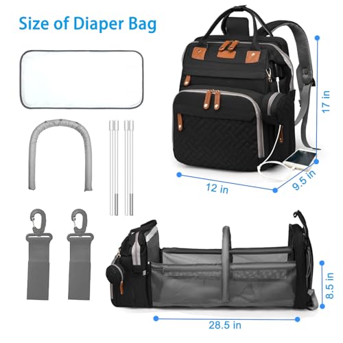 Jeryswet Baby Diaper Bags with Changing Station, Waterproof Large Capacity Diaper Bag Backpack for Moms Dads with USB Charging Port and Stroller Straps, Baby Shower Gifts, Black - color: Black