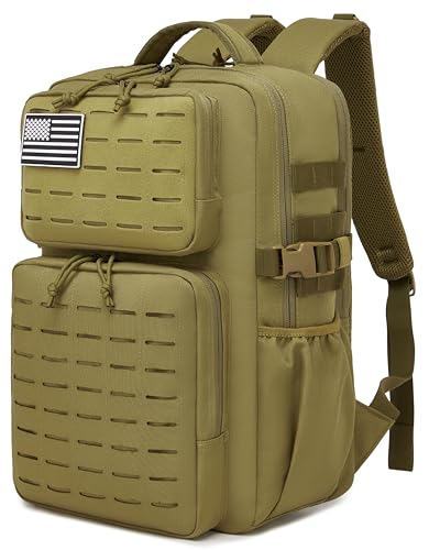 Wotony Military Tactical Backpack for Men Waterproof Daypack 3 Day Assault Pack Laser-Cut MOLLE Webbing Design with Water Bottle Holder Black Small Tactical Assault Bag (Khaki, 30L) - color: Khaki, size: 30L