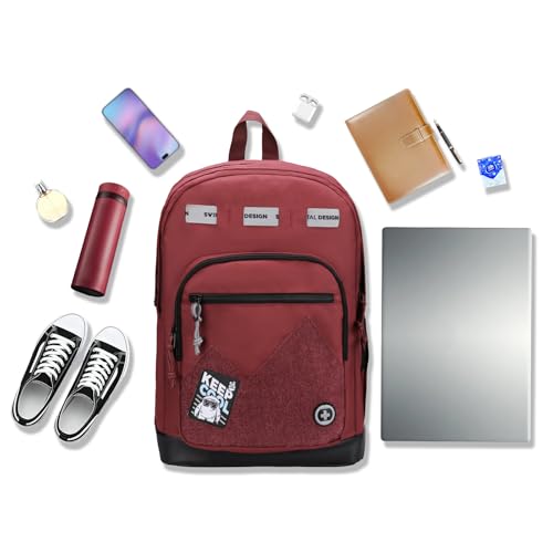 Swissdigital Design Big Student Laptop Backpack with Fun Personalized Patches For College Boy & Girl, Middle High School Teen Bookbag Cool Travel Daypack Burgundy - Includes 3 Patches | SD1718-44 - color: Burgundy