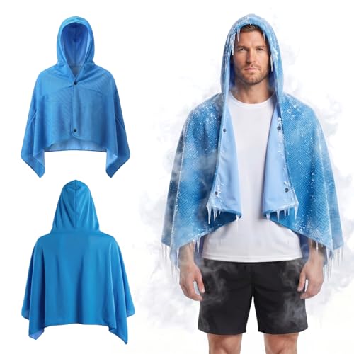 Cooling Hooded Beach Towel Cloak for Men Women - Double Layer PVA Fabric Cool Towel Cape, Instant Cooling Soft Ice Towelfor Beach Yoga Camping (Blue) - color: Blue