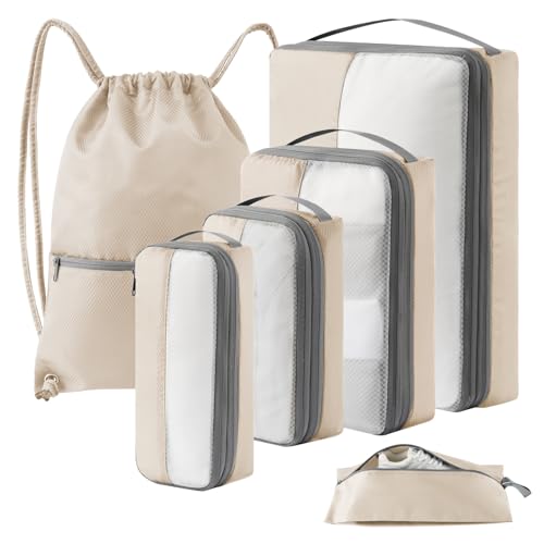 6 Set Compression Packing Cubes for Travel, Bonus Versatile Drawstring Backpack, Lightweight Luggage Organizer Bags, Sturdy Travel Accessories for Suitcase, Beige - color: Beige, size: 6 Set