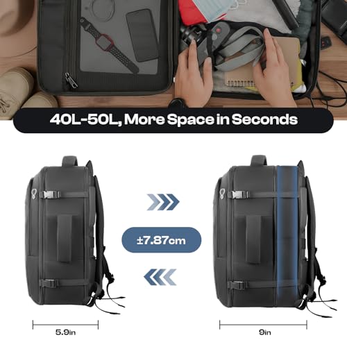 Carry on Backpack for 1-10 Days Trips, Extra Large 40L-50L Travel Backpack TSA Approved, Expandable Laptop Bagpack, Water Resistant Bag Compatible with 17.3 inch Laptops, Black - color: Black, size: XX-Large