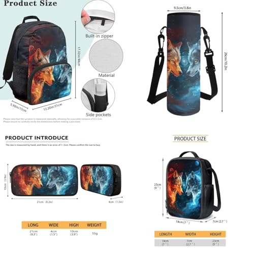 JEOCODY Cool Wolf Kids School Bag for Girls Backpack with Lunch Box Pencil Case Organizer Water Bottle Holder Set of 4 Boys School Supplies Casual Daypack for Travel Hiking - color: Cool Galaxy Wolf Printed