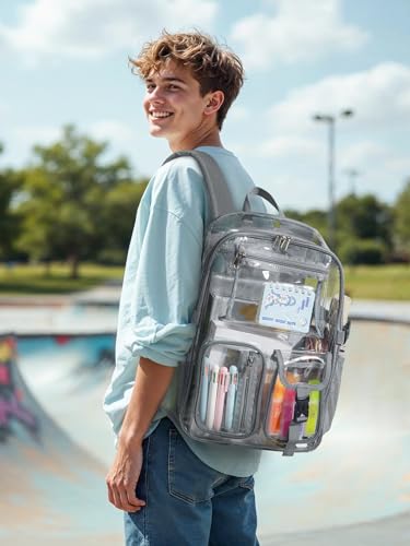 Clear Backpack Heavy Duty for Women Men Boys Girls, Large Clear Bookbag See Through Backpack for School College - color: 13-2#grey-3m Reflective Strips