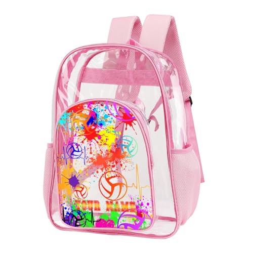 Custom Volleyball Clear Backpack Heavy Duty for Girls Kids Boys | Large Cool PVC Volleyball Theme Printing Transparent Backpacks for Schools Stadium Concerts Work - Clear/Pink - color: Volleyball Clear Backpack 1 Pink With Front Pocket Custom