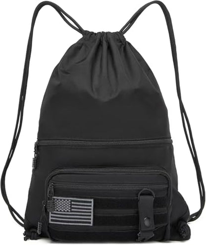 seyfocnia Drawstring Backpack Tactical String Bag with Zipper Pockets Waterproof Cinch Bag Sport Gym Sackpack - Black - color: Black, style: Leisure
