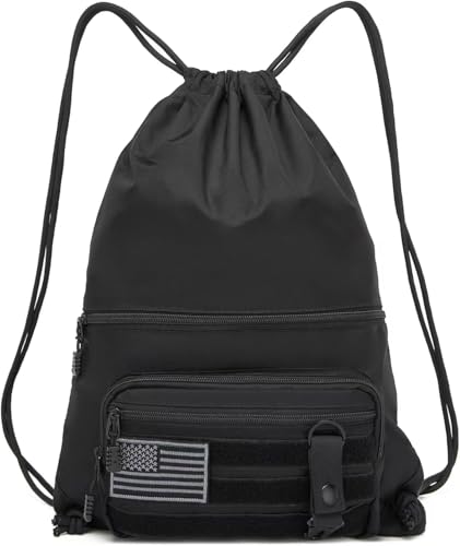 seyfocnia Drawstring Backpack Tactical String Bag with Zipper Pockets Waterproof Cinch Bag Sport Gym Sackpack - Black - color: Black, style: Leisure