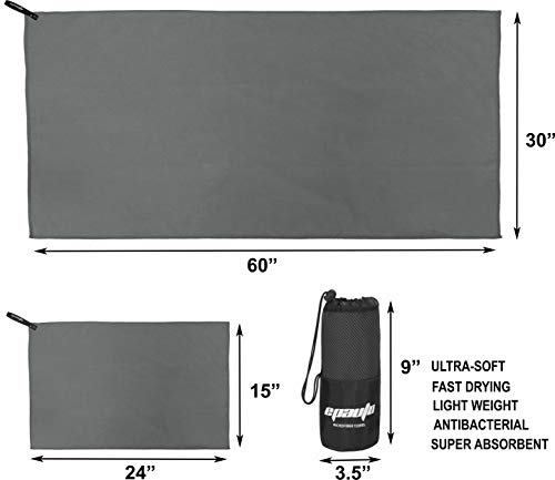 EPAuto 2-Pack Microfiber Quick Dry Towel Set - Lightweight, Super Absorbent & Compact Travel Towels (60"x30" & 24"x15") for Gym, Camping, Beach, Yoga & Backpacking, Gray - color: Grey