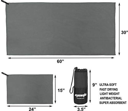 EPAuto 2-Pack Microfiber Quick Dry Towel Set - Lightweight, Super Absorbent & Compact Travel Towels (60"x30" & 24"x15") for Gym, Camping, Beach, Yoga & Backpacking, Gray - color: Grey