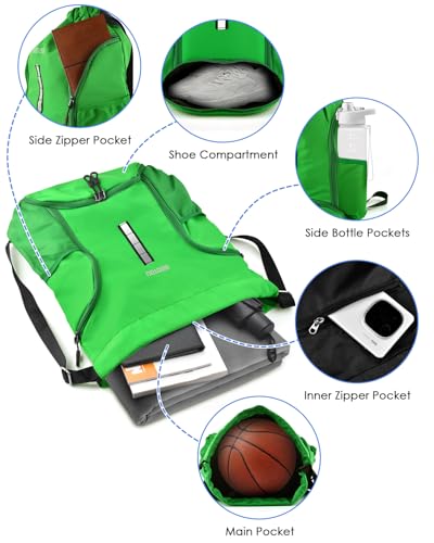 BROTOU Soccer Drawstring Backpack, Basketball Bag, Volleyball Football Bags with Ball and Shoe Compartment - color: Green