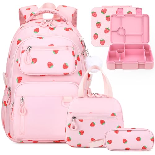 Bevalsa Backpack for Girls, School Bookbag Teen Girls Backpack Set with Bento Lunch Box, Insulated Bag & Pencial Case, 43oz Lunch Containers for Kids Elementary Middle Student (Pink Strawberry) - color: Pink Strawberry