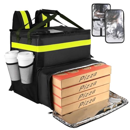Food Delivery Bag,Large Insulated Backpack for Doordash/Uber Eeats, Expandable Cooler Bags for Bike/Motorcycle with Reflective Strip and Cup Holders,Reusable Pizza Food Delivery Bag with Hand Straps - color: Black-Green, size: XX-Large（Expandable）