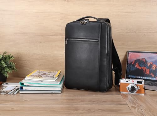 Masa Kawa Slim Genuine Leather Business Backpack 15.6" Laptop Bag for Men Women Office Work Travel Small Thin Computer Casual Daypack, Black