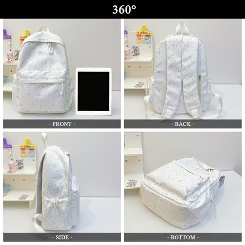 Cute Aesthetic Backpack Y2K Simple Heart Star Print Kawaii Backpacks Travel Laptop Rucksack Backpack for Women (White) - color: White