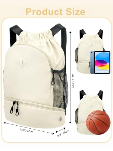 RHDZO Drawstring Backpack with Shoe Compartment and Wet Pocket, Large Beige - color: Large Beige, size: Large