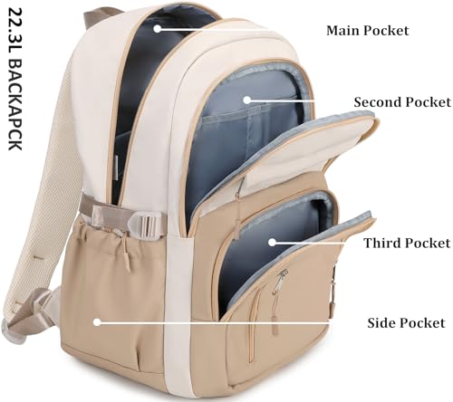 JIANYA Laptop Backpack for College Women Travel Backpack Big Student School Bag, Water Resistant Fits 15.6" Notebook - color: Beige+khaki