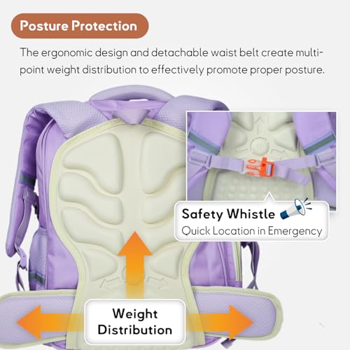 Kids Backpack for Kids, Lightweight Waterproof Purple White Backpack for School, Kindergarten Elementary School Students Boys & Girls Backpack with Safety Whistle and Includes a Detachable Waist Belt - color: Purple
