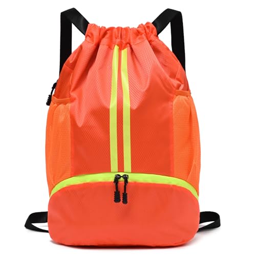 LOKAPEGY Drawstring Gym Bag for Men, Waterproof Drawstring Backpack for Women, Swim with Shoes Compartment, Pull String Sport Bag for Soccer and Basketball. (Orange) - color: Orange