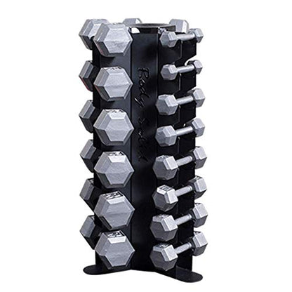 Body-Solid 3-Side Vertical Dumbbell Rack for 5-50 lb. - Compact, Space-Saving Weight Holder for Home Gym, Holds upto 10 Pair of Dumbbells with Medicine Ball Storage Tray