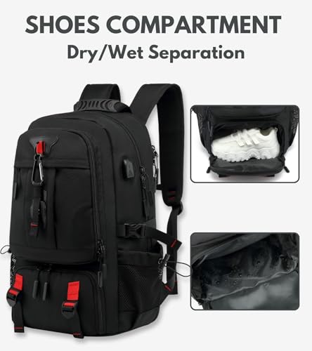 Large Laptop Backpack with Shoe Compartment, Waterproof Rucksack 15.6/17 Inch, Travel School Gym Work College Bags for Men (Black, JUMBO(80L)) - size: JUMBO(80L)