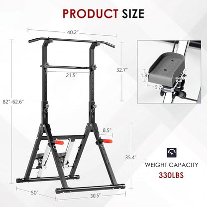 Power Tower Pull Up Station, soges Foldable Pull Up Bar Dip Station with Stair Stepper, Adjustable Free Standing Strength Training Equipment for Home Gym, Multi-Function Workout Tower