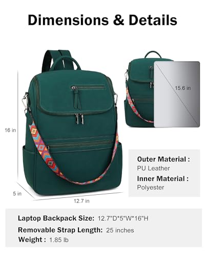 FADEON Laptop Backpack for Women Leather Travel Backpack with Laptop Compartment, Designer Ladies Computer Backpacks Green - color: Dark Green Nubuck Style