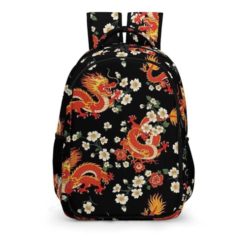 Casual Lightweight Laptop Backpack Red Chinese Japanese Dragon Flower Black, Cute Travel Daypack with Tumbler Holder for College Nurse Teacher Work Commute - color: Pattern (356)