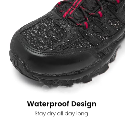 SHULOOK Men's Waterproof Hiking Shoes Lightweight Anti Slip Outdoor Ankle Boots Breathable Hike Trekking Trails Shoe - color: Black/Red-02, size: 10.5