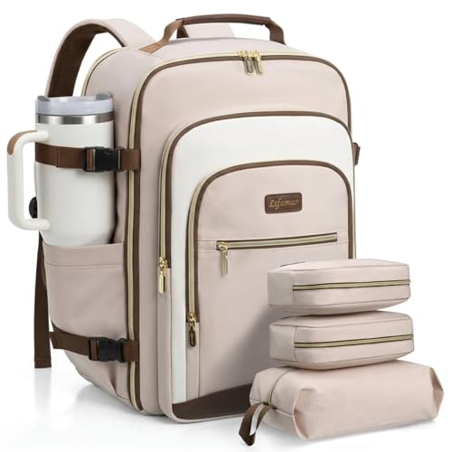 40L Travel Backpack for Women, Carry On Bag Flight Approved, Waterproof Backpack with 3 Packing Cubes, Weekender Personal Item Bag for Airplane Travel Essentials, TSA Approved - color: Blush-beige-dark Brown