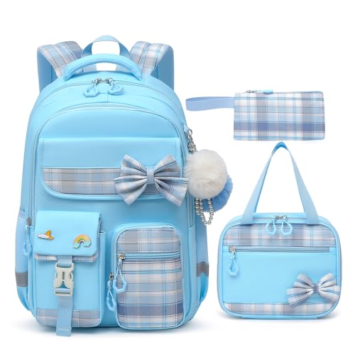 Alrisg Girls School Backpack Preppy Plaid Bookbag Lightweight Backpack for Girls Elementary Middle School Bow Blue Set - color: Blue, size: 17in Set