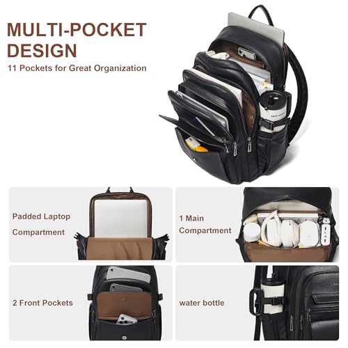 Vegan Leather Backpack, TSA Travel Backpack for Men and Women, Fits 17.0 Inch Notebook with Luggage Strap and USB Port, Black - color: Black