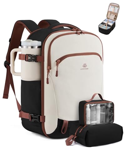 LOVEVOOK 40L Travel Backpack for Women, Airline Approved Carry On Backpack with 2 Packing Cubes, Waterproof Personal Item Bag Fits 17" Laptop, TSA Traveling Essentials Weekender Overnight Backpack - color: White & Brown & Black, size: 40L-3PCS