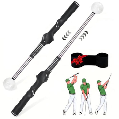 5-in-1 Golf Swing Trainer for Right-Handed Golfers with Click Feedback, Retractable Training Aid, Grip Trainer & Arm Band, Improve Tempo & Swing Path, Indoor Outdoor Practice - color: Black