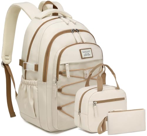 Teen Girls Backpack Aesthetic School Bag with Lunch Box, Laptop Backpack Bookbag for High School College Women Students, Beige 3pcs - color: Beige 3pcs, size: 15.6in