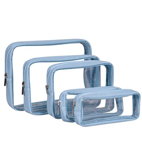 Remobia Hicol TSA Approved 5-Piece Diaper Bag Organizer Pouch Set Clear Waterproof TPU Kids Toiletry Storage Set Travel Packing Clutch Cube Bags for Baby Nursing (Blue) - color: Blue Leather
