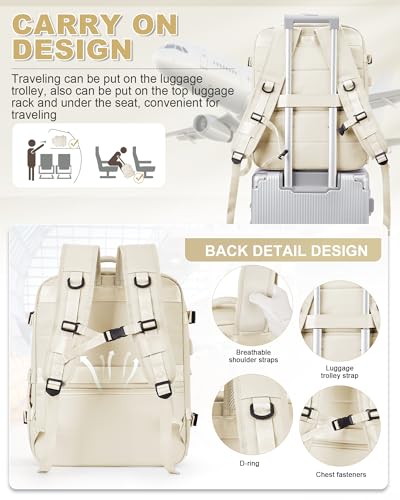 winspansy Travel Backpack for Women Men Essentials Carry on Luggage Flight Approved Personal Item Travel Bag Work Laptop Backpack Waterproof Weekender Bags for Women Mochila de Viaje Beige - color: C1-beige-no Vacuum Bag