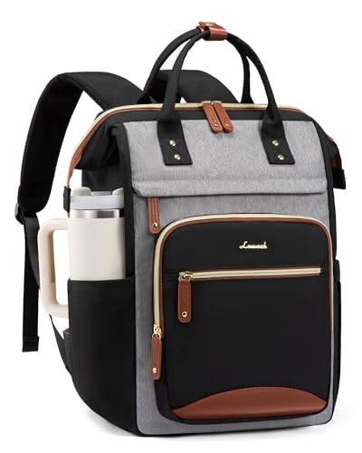 LOVEVOOK Laptop Backpack for Women Work Bag with Large Capacity Cup Side Pocket, 15.6 Inch Waterproof Computer Backpacks (Black-grey, 15.6INCH) - color: Black-grey, size: 15.6INCH
