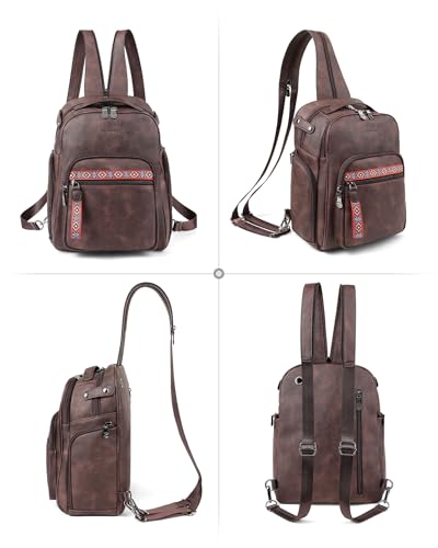 FADEON Large Sling Bag for Women, Designer Leather Crossbody Purse Convertible Sling Backpack, Anti Theft Daypack for Travel - color: Coffee Brown Retro Style