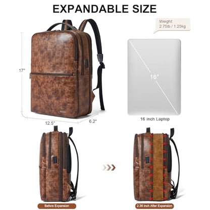 Shrrie Vegan Leather Laptop Backpack for Women&Men,16 Inch Expandable Backpack with USB Charging Port,Two-toned Brown - color: Two-toned Brown