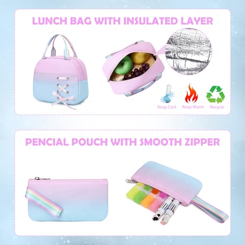 ACESAK Backpacks for Girls, Girls Backpack with Lunch Box and Pencil Case for Teen Kids Elementary Middle High School College Student, Children Backpack Bookbag with USB Charging Port (Pink-blue) - color: Pink-to-blue Gradient