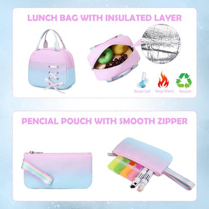 ACESAK Backpacks for Girls, Girls Backpack with Lunch Box and Pencil Case for Teen Kids Elementary Middle High School College Student, Children Backpack Bookbag with USB Charging Port (Pink-blue) - color: Pink-to-blue Gradient
