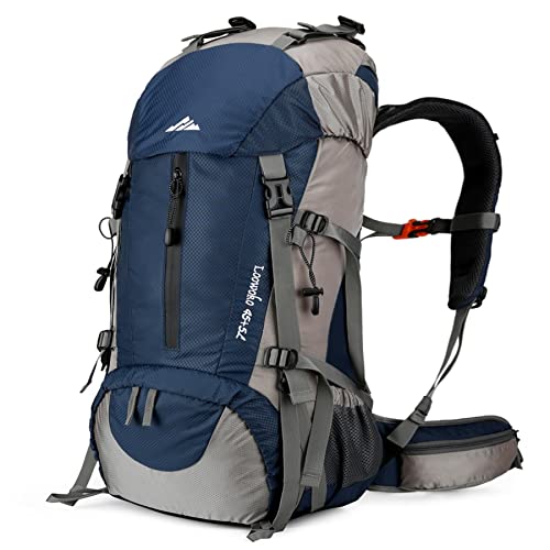 Loowoko 50L Hiking Backpack, Waterproof Camping Essentials Bag with Rain Cover, 45+5 Liter Lightweight Backpacking Back Pack - color: Dark Blue
