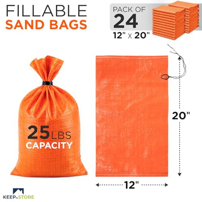Heavy Duty Sand Bags Pack of 24, Bright Orange Empty Sandbags with Built-In Ties, Woven Polypropylene UV Protection 1600 Hours, Fillable Bags for Flood Control, Weight, 12x20 inches, 25 Pounds Volume - size: 12"W x 20"L, style: Pack of 24