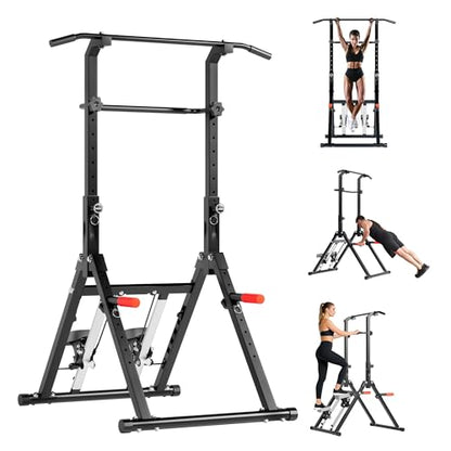 Power Tower Pull Up Station, soges Foldable Pull Up Bar Dip Station with Stair Stepper, Adjustable Free Standing Strength Training Equipment for Home Gym, Multi-Function Workout Tower